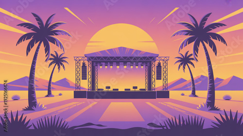 Vibrant beachside concert stage at sunset with palm trees and mountains in the background perfect for music festival promotions