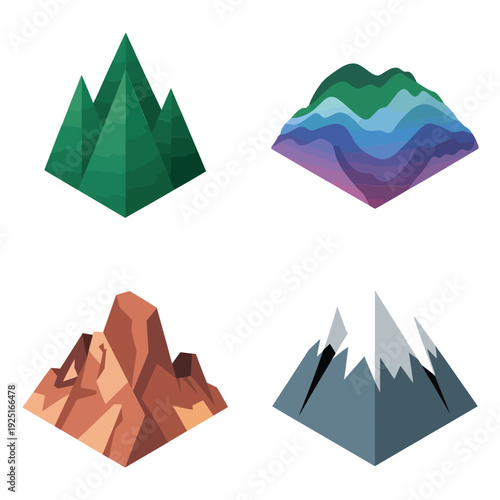 Colorful mountain set with green peak, layered hills, rocky desert cliff and icy summit, adventure tourism vector for map design