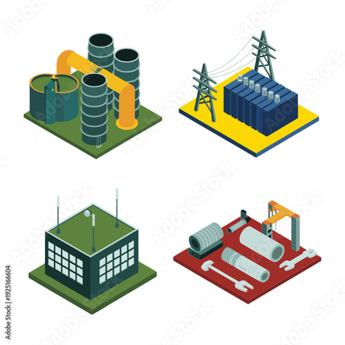 Energy facility set with storage tanks, substation, power lines, office unit, isometric utilities infrastructure graphics for planning proposals and reports