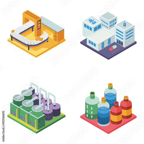 Food and beverage processing factories with tanks, piping, mixers and filling areas, isometric industry graphics for packaging design and logistics