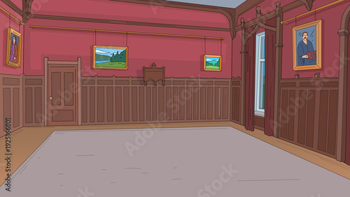 Wallpaper Mural Cartoon Vintage Mansion Interior Room with Wood Panel Walls and Framed Paintings Torontodigital.ca
