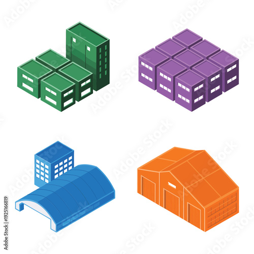 Isometric warehouse cluster icons for logistics expo branding, distribution center tour session, supply chain workshop graphics, industrial estate vector set