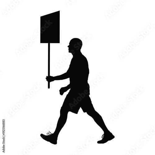 Man protester holding placard sign while walking side view silhouette vector illustration.