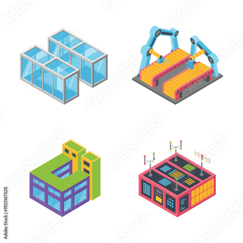 Automation factory with robotic arms and conveyors, industry 4.0 summit branding, digital transformation session, smart manufacturing workshop materials vector