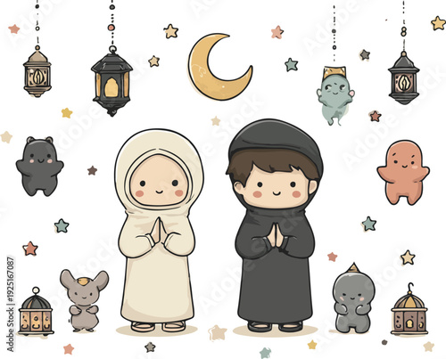 Christmas card with Santa Claus and reindeer cartoon illustration with kids family and holiday fun