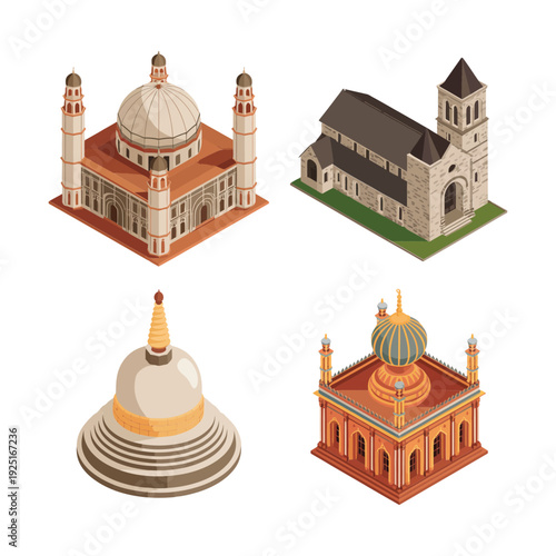 Sacred building vector collection with domed shrine, stepped stupa, gothic abbey for culture festival banner, interfaith event, travel education design