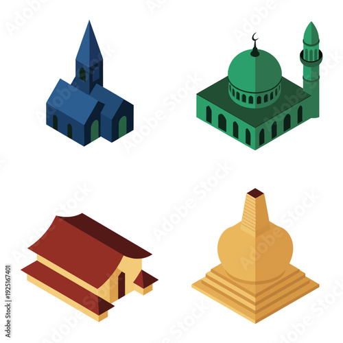 World landmarks vector with gothic chapel, green mosque, red pagoda, golden stupa for cultural heritage festival, travel guide, education design