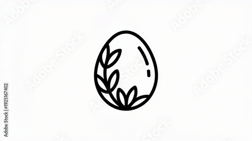 Elegant black line art egg with laurel leaves on white background symbolizing growth and harmony in minimalist style