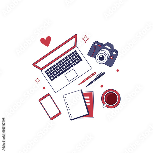 A colorful vector graphic of creative tools and technology for artists and writers