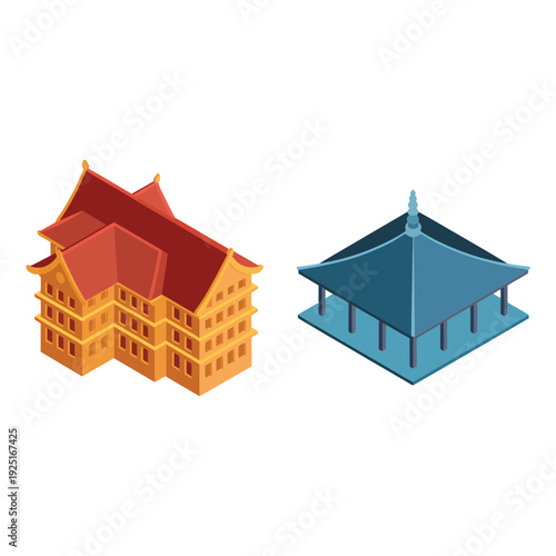 Isometric east asian temple buildings with ornate roof, timber hall, pavilion for lunar new year fair, heritage tourism, travel design