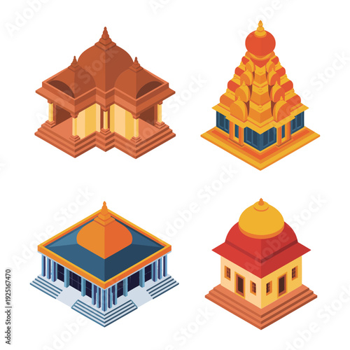 Southeast asian temple icons with ornate sanctuary, chedi, tiered pavilion, pedestal shrine for cultural parade poster, heritage tour, festival design