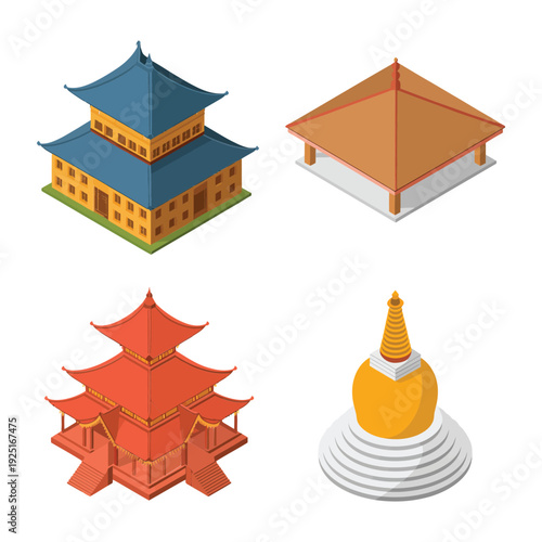 East asian shrine icons with three tier pagoda, pavilion, golden stupa for spring temple fair, pilgrimage tour, cultural travel design