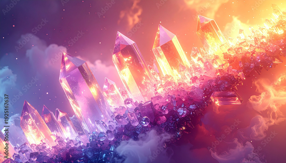 Fototapeta premium 斜めに連なる紫橙グラデーション結晶と煙と星空