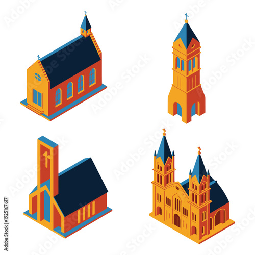 Isometric gothic cathedral and chapel building icons for christian holiday illustration, medieval town map, architecture visualization, city game design