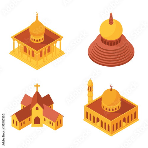 Isometric buddhist temple and stupa building collection for asia travel map, meditation retreat poster, religious festival, spiritual architecture design