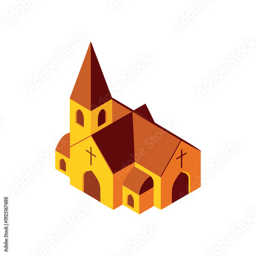 Isometric country church building illustration for rural village map, wedding invitation, christian holiday poster, architecture visualization design asset template