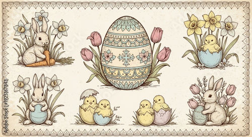 Easter bunny and chicks with flowers eggs and springtime decorations in a whimsical illustration