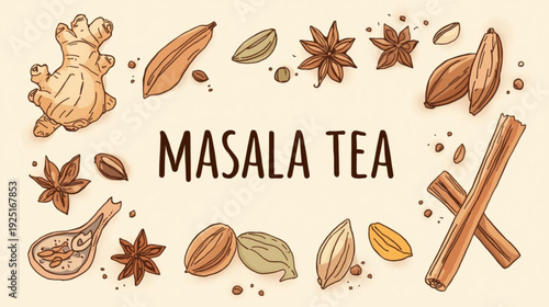 An artistic arrangement of spices commonly used in flavorful masala tea preparations