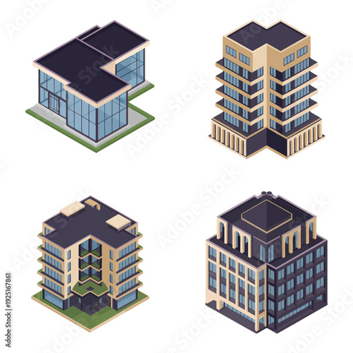 Isometric residential apartment block set with balconies and penthouse roof for housing summit, real estate marketing, neighborhood masterplan, architecture design