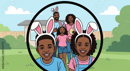 Diverse family wearing bunny ears smiling in backyard on sunny day with house and trees