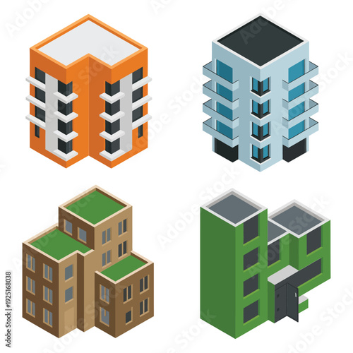 Contemporary apartment tower set with corner balconies and modular townhouse units for property showcase, festival, rental listing, architecture visualization design