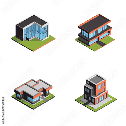 Isometric modern office building set with glass facade towers, corporate headquarters architecture vector for city skyline, real estate design