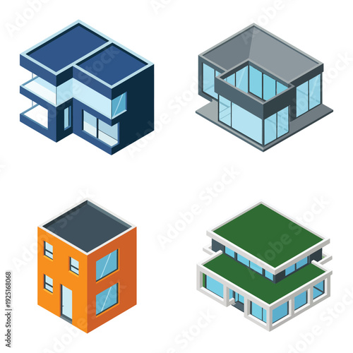 Isometric residential apartment and hotel building collection, urban neighborhood architecture vector for housing development, property brochure, city planning design