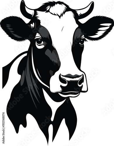 Black and white vector illustration of a cow head with horns and detailed spots for dairy farm agriculture milk production and ranch branding designs