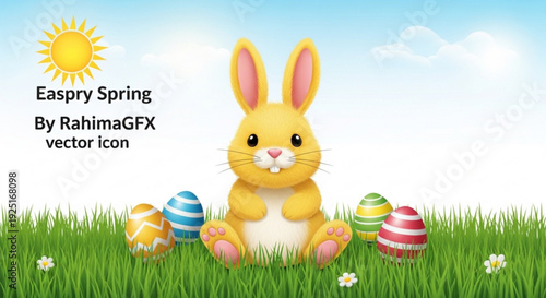 Happy easter bunny sitting in green grass with colorful eggs on sunny spring day