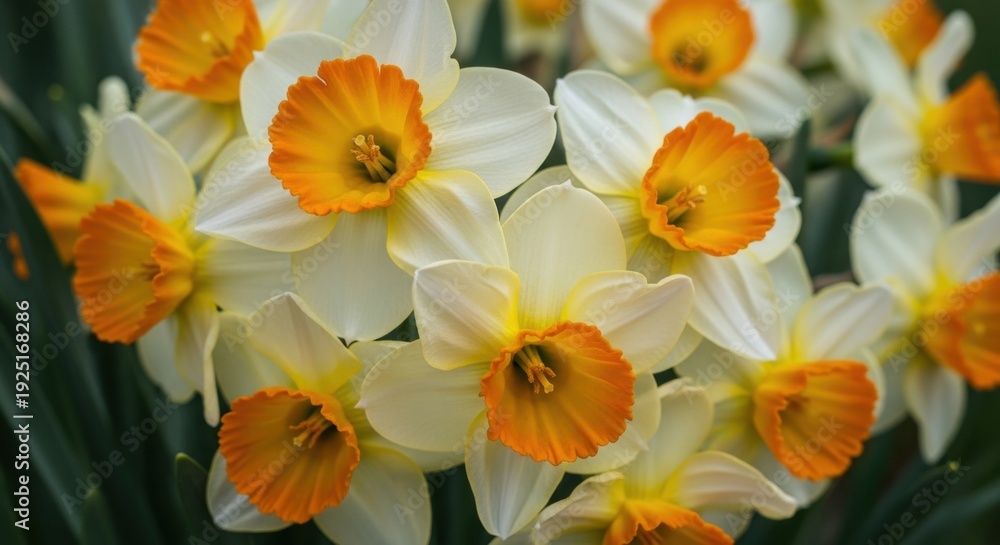 Fototapeta premium Vibrant White and Orange Daffodils Blooming Close-up in Spring Garden, Symbolizing Renewal and Natural Beauty for Seasonal Campaigns.