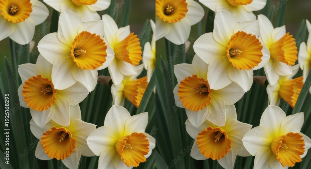 Fototapeta premium Vibrant Spring Daffodils (Narcissus) Blooming in Garden, showcasing Freshness and Seasonal Beauty for Easter Marketing.