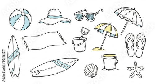 Beach vacation accessories and objects including surfboards umbrellas towels and seashells for summer fun and relaxation