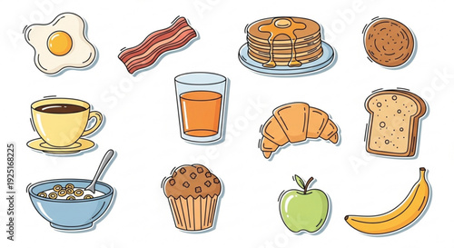 Assorted breakfast foods arranged neatly on a clean white background with pancakes egg and various pastries