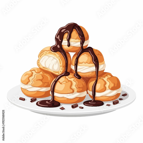 A delicious stack of golden cream puffs filled with white cream and drizzled with rich dark chocolate sauce, served on a white plate.