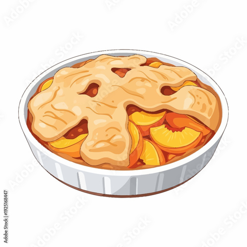 A delicious peach cobbler or pie in a white ceramic baking dish, with a golden-brown crust and visible sliced peaches underneath.