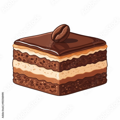 A delicious square slice of layered chocolate and coffee cake with a glossy glaze and a single coffee bean on top.