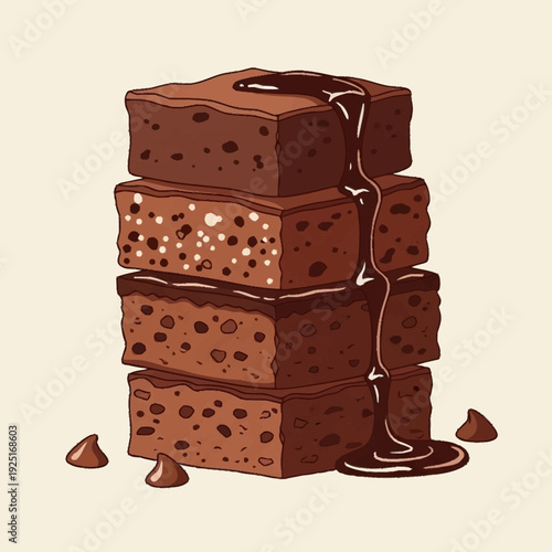 A stack of four rich chocolate brownies with melted chocolate syrup drizzled over them, accompanied by chocolate chips.