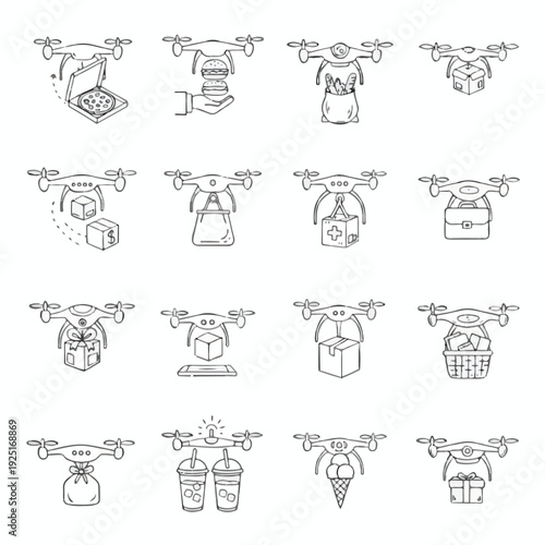 Future Home Drone Delivery Service for Parcels Icons Set