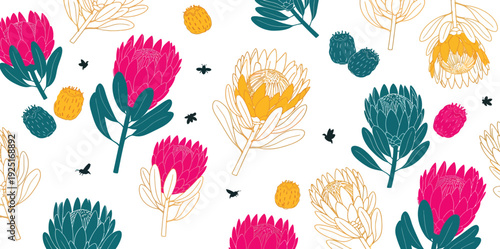 Vibrant floral pattern with colorful flowers leaves and buds on white background