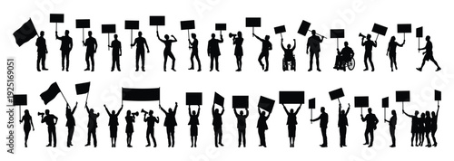 Silhouettes of crowd people rising fists speaking through megaphone and holding protest signs isolated on white background vector illustration.