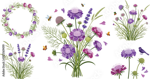 Watercolor floral arrangements and wreaths with purple flowers and butterflies on white background