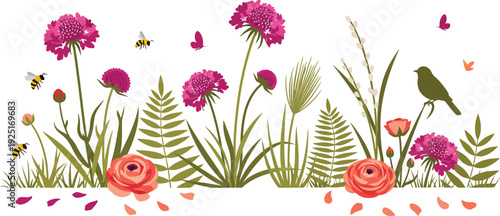 A vibrant spring background featuring colorful Easter eggs nestled among a floral bouquet of pink tulips and red poppies for a decorative nature card design