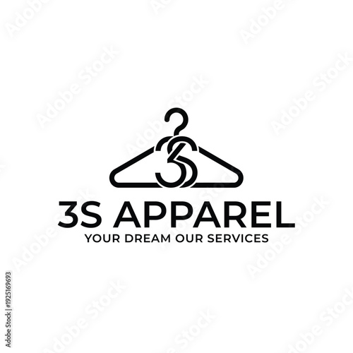 Minimalist clothes hanger logo for 3s apparel featuring an integrated monogram design on a clean white background