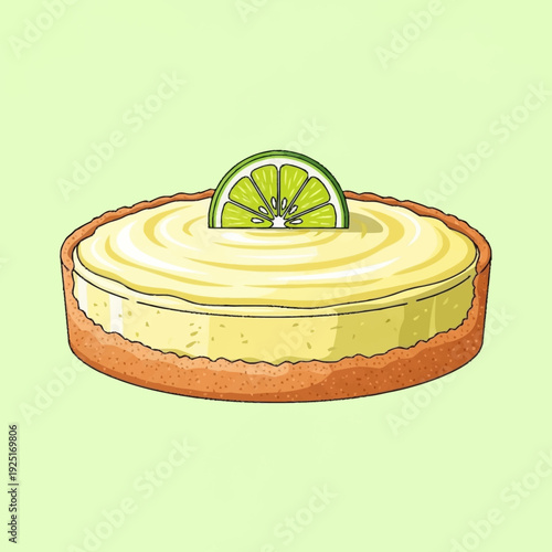 A vibrant illustration of a delicious Key Lime Pie with a fresh lime slice on top, presented on a light green background.
