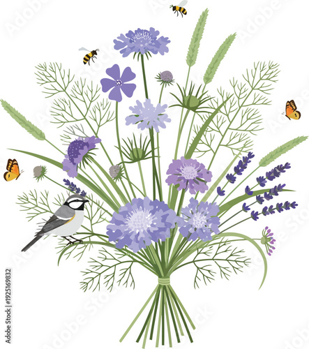 A beautiful bouquet of blue forget-me-not flowers and wild purple cornflowers with green leaves is isolated on a white background, featuring vibrant spring petals and floral garden flora