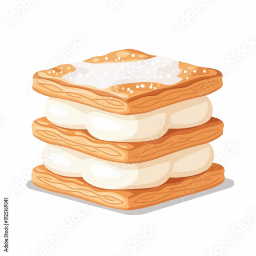 A delicious layered pastry dessert with cream filling and powdered sugar on top.