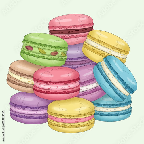 A vibrant illustration of a large pile of assorted colorful French macarons with various fillings and toppings on a light background.