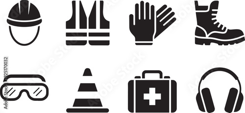 Set of eight essential safety and travel icons isolated on transparent background