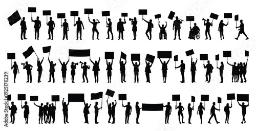 Silhouette set of protesters in various poses holding placards banners signs and speaking through loudspeaker protesting at street march on white background vector illustration.