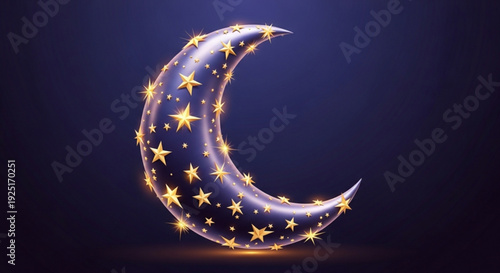 Gleaming crescent moon adorned with golden stars against a dark night sky